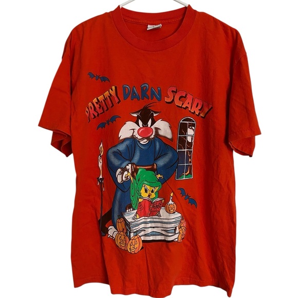 VTG Looney Tunes Sylvester Tweety Halloween Shirt 1998‎ Orange P2P 21 in - Picture 1 of 3